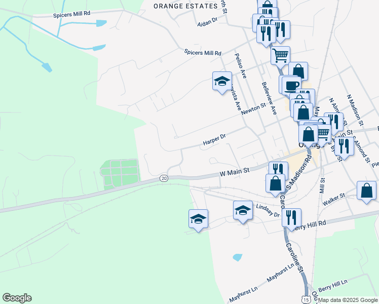 map of restaurants, bars, coffee shops, grocery stores, and more near 384 Harper Drive in Orange