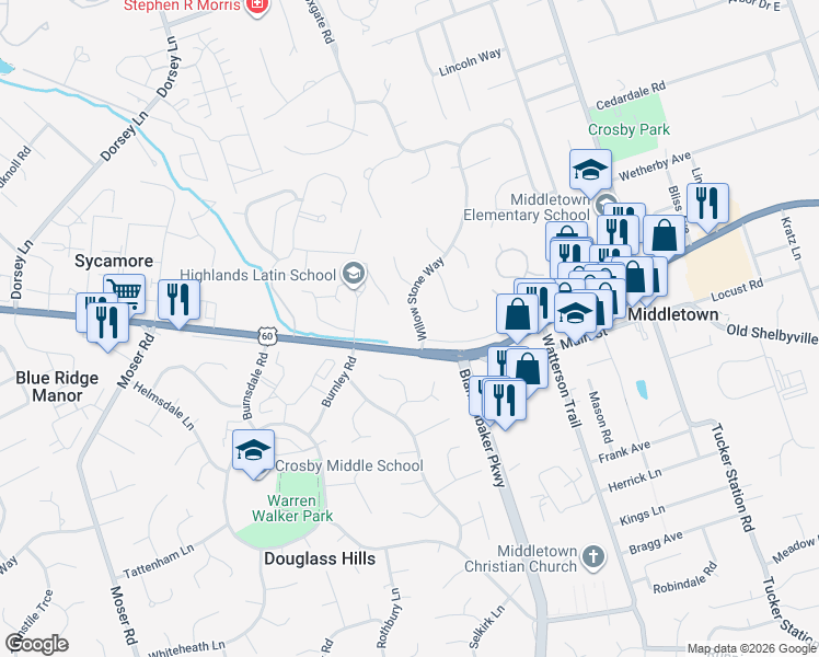 map of restaurants, bars, coffee shops, grocery stores, and more near 108 Willow Stone Way in Louisville
