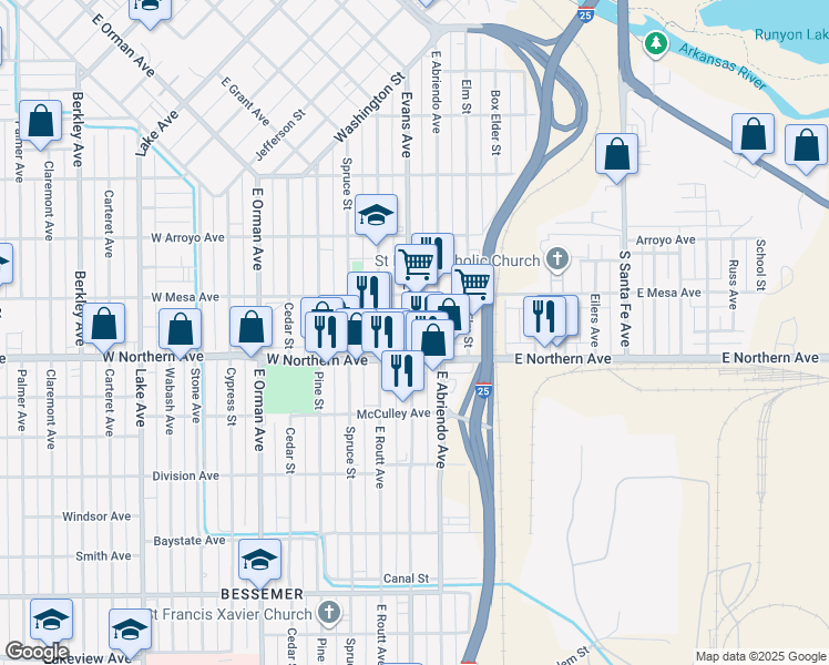 map of restaurants, bars, coffee shops, grocery stores, and more near 1214 East Evans Avenue in Pueblo