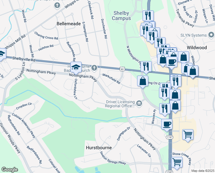 map of restaurants, bars, coffee shops, grocery stores, and more near 210 Marksfield Circle in Hurstbourne