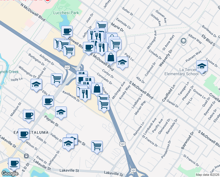 map of restaurants, bars, coffee shops, grocery stores, and more near 429 Coronado Drive in Petaluma