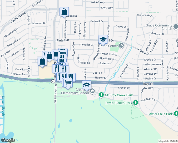 map of restaurants, bars, coffee shops, grocery stores, and more near 404 Wigeon Way in Suisun City