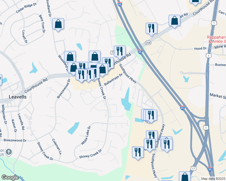 map of restaurants, bars, coffee shops, grocery stores, and more near 10611 Gideon Court in Fredericksburg