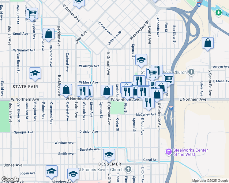 map of restaurants, bars, coffee shops, grocery stores, and more near 1228 E Orman Ave in Pueblo