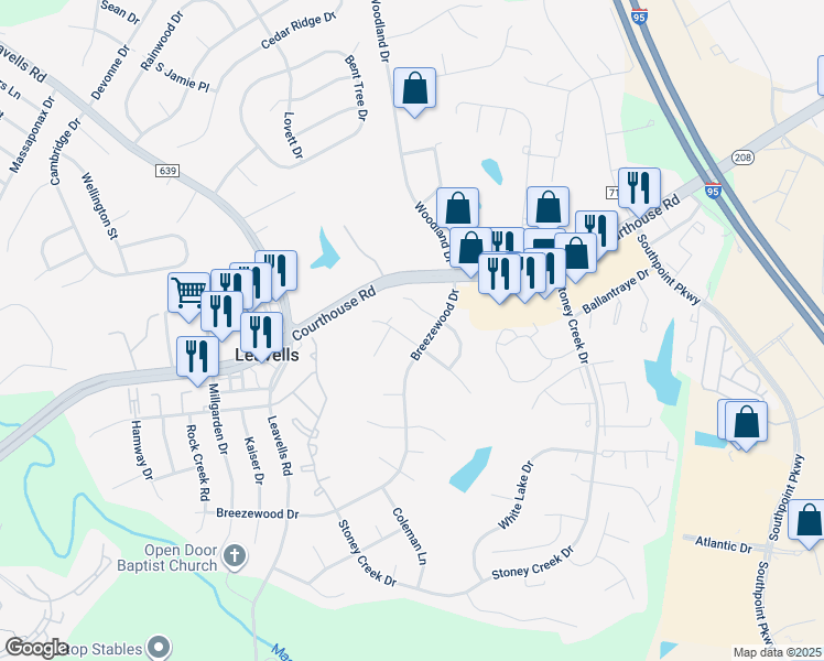 map of restaurants, bars, coffee shops, grocery stores, and more near 2 Kernwood Drive in Fredericksburg