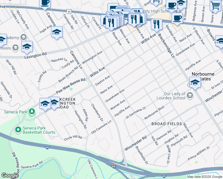 map of restaurants, bars, coffee shops, grocery stores, and more near 3322 Nanz Avenue in Louisville