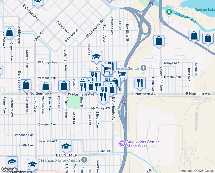 map of restaurants, bars, coffee shops, grocery stores, and more near 1214 East Evans Avenue in Pueblo