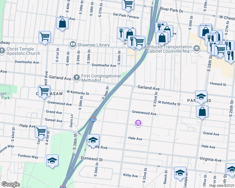 map of restaurants, bars, coffee shops, grocery stores, and more near 3506 Garland Avenue in Louisville