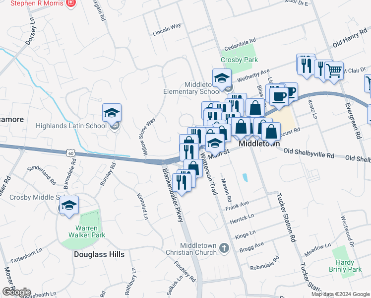 map of restaurants, bars, coffee shops, grocery stores, and more near 11315 Heritage Hill Court in Louisville