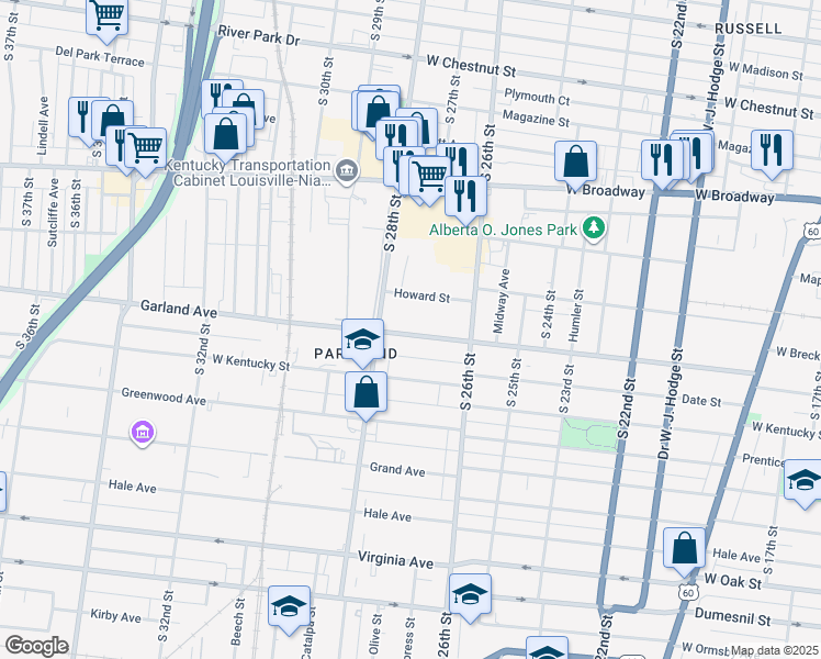 map of restaurants, bars, coffee shops, grocery stores, and more near 849 South 28th Street in Louisville