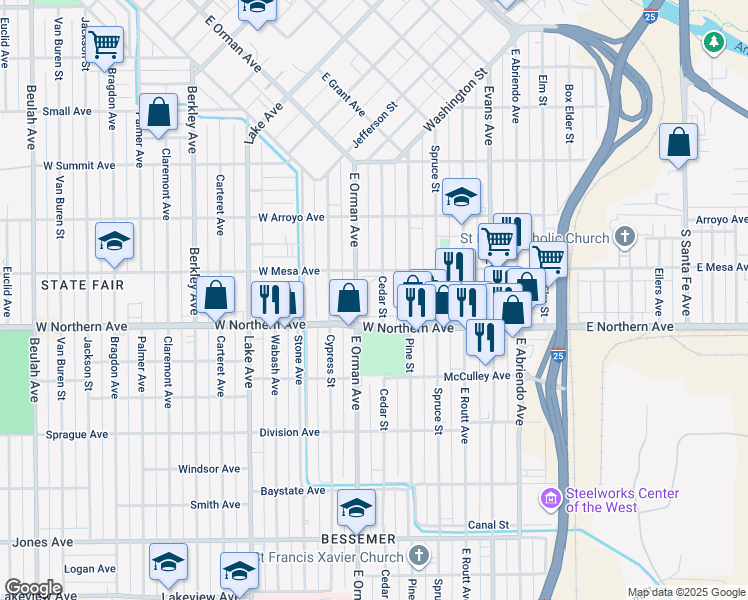 map of restaurants, bars, coffee shops, grocery stores, and more near 1228 East Orman Avenue in Pueblo