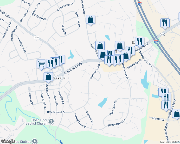map of restaurants, bars, coffee shops, grocery stores, and more near 2 Kernwood Drive in Fredericksburg