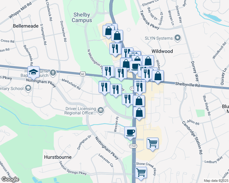 map of restaurants, bars, coffee shops, grocery stores, and more near 9200 Shelbyville Road in Louisville