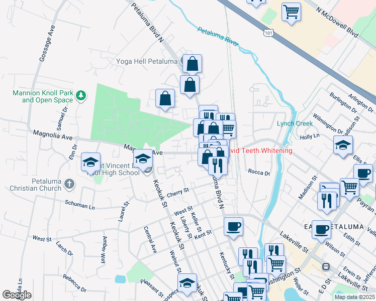 map of restaurants, bars, coffee shops, grocery stores, and more near 6 Magnolia Avenue in Petaluma