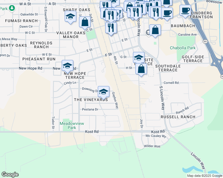 map of restaurants, bars, coffee shops, grocery stores, and more near 699 Downing Drive in Galt