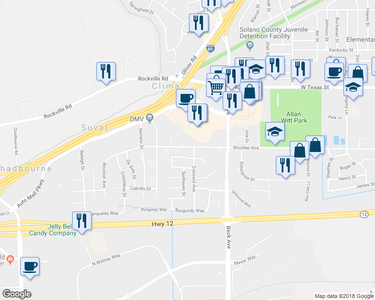 map of restaurants, bars, coffee shops, grocery stores, and more near 2107 Woolner Avenue in Fairfield