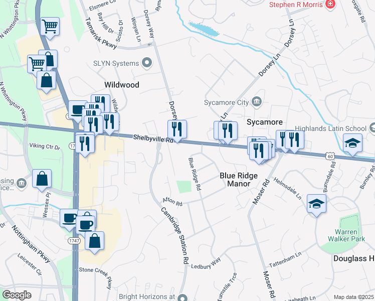 map of restaurants, bars, coffee shops, grocery stores, and more near 10200 Shelbyville Road in Louisville