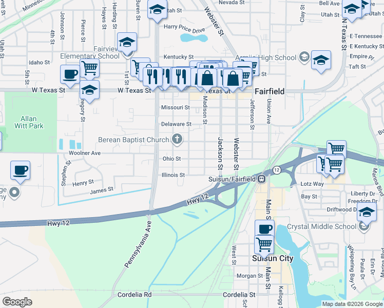 map of restaurants, bars, coffee shops, grocery stores, and more near 310 Taylor Street in Fairfield