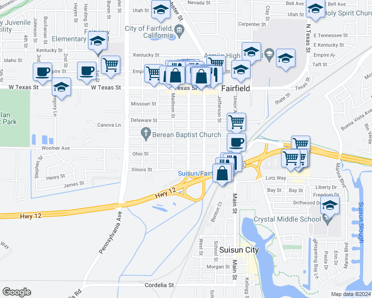 map of restaurants, bars, coffee shops, grocery stores, and more near 326 Jackson Street in Fairfield
