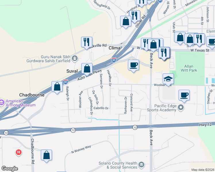 map of restaurants, bars, coffee shops, grocery stores, and more near 2310 Woolner Avenue in Fairfield