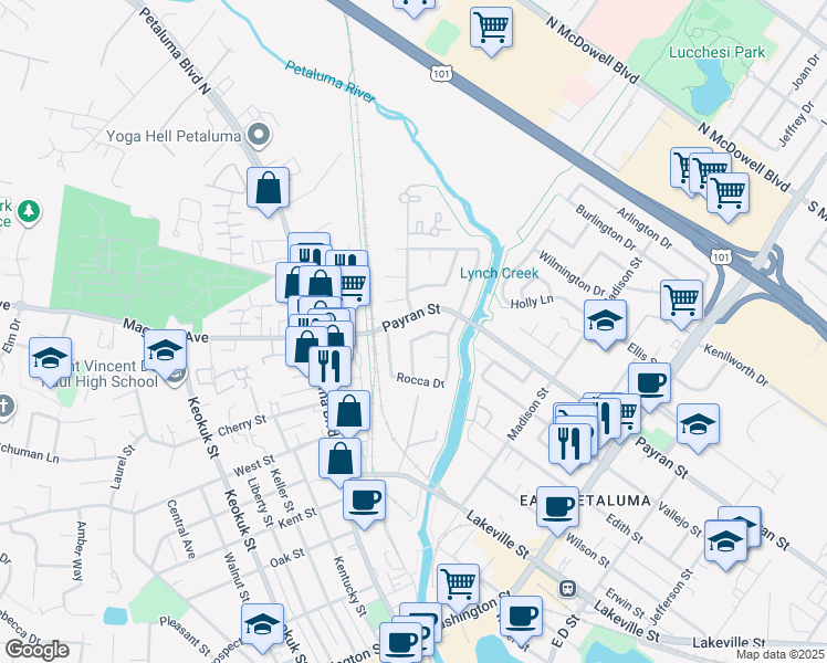 map of restaurants, bars, coffee shops, grocery stores, and more near 148 West Payran Street in Petaluma