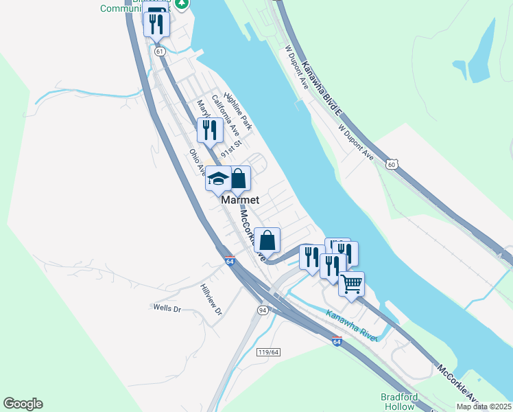 map of restaurants, bars, coffee shops, grocery stores, and more near 200-222 95th Street in Marmet