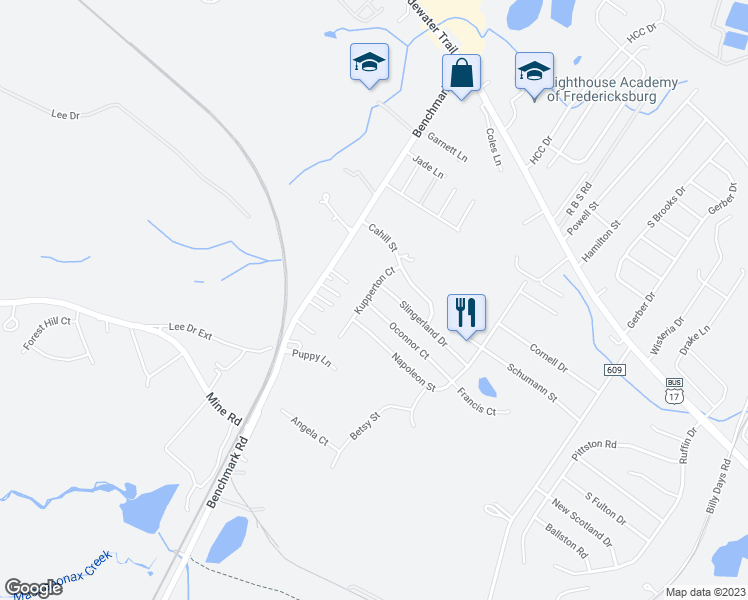 map of restaurants, bars, coffee shops, grocery stores, and more near 10319 Kupperton Court in Fredericksburg