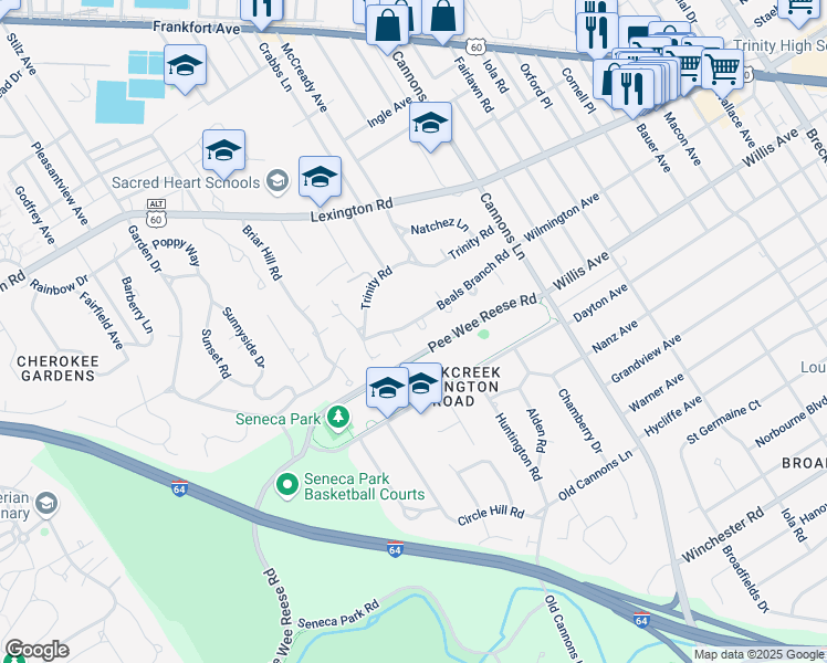 map of restaurants, bars, coffee shops, grocery stores, and more near 3211 Beals Branch Road in Louisville