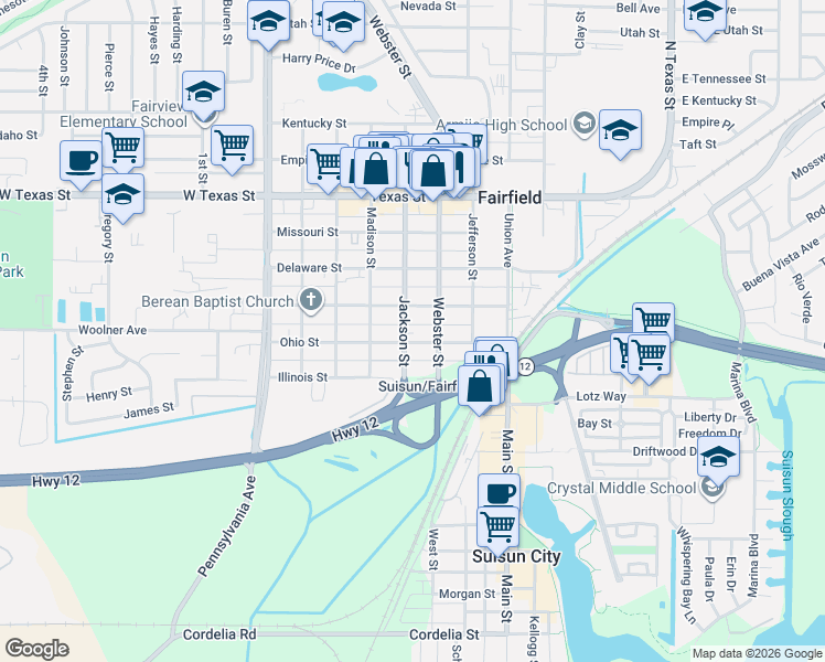 map of restaurants, bars, coffee shops, grocery stores, and more near 310 Jackson Street in Fairfield