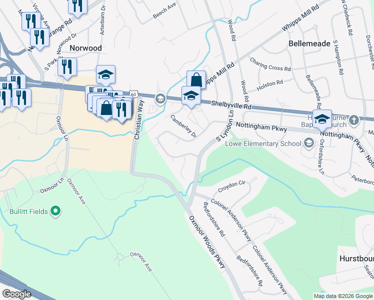 map of restaurants, bars, coffee shops, grocery stores, and more near 8226 Nottingham Parkway in Louisville