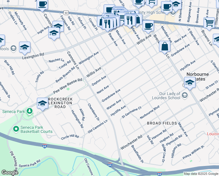 map of restaurants, bars, coffee shops, grocery stores, and more near 3322 Nanz Avenue in Louisville
