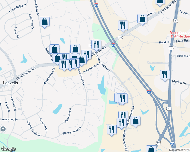 map of restaurants, bars, coffee shops, grocery stores, and more near 10710 Brice Ct in Fredericksburg