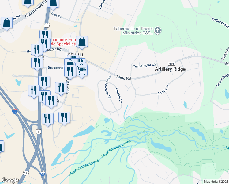 map of restaurants, bars, coffee shops, grocery stores, and more near 10111 Hillside Lane in Fredericksburg