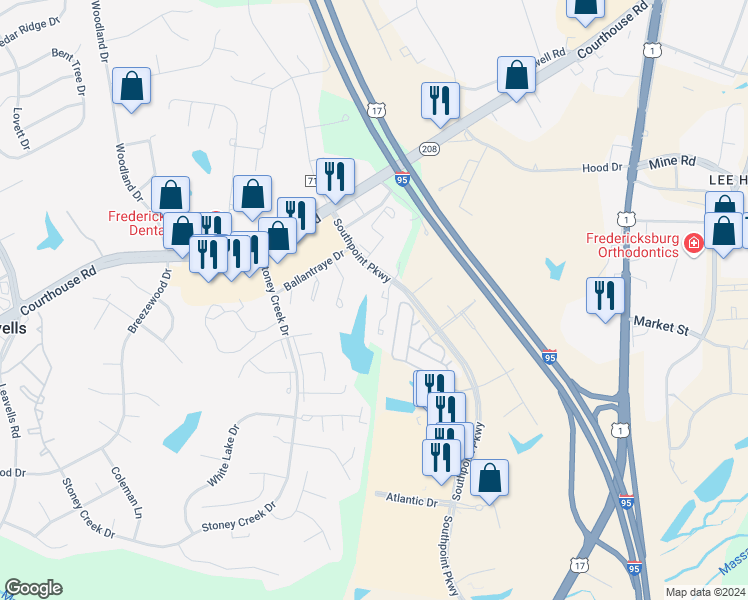 map of restaurants, bars, coffee shops, grocery stores, and more near 10652 Wakeman Drive in Fredericksburg