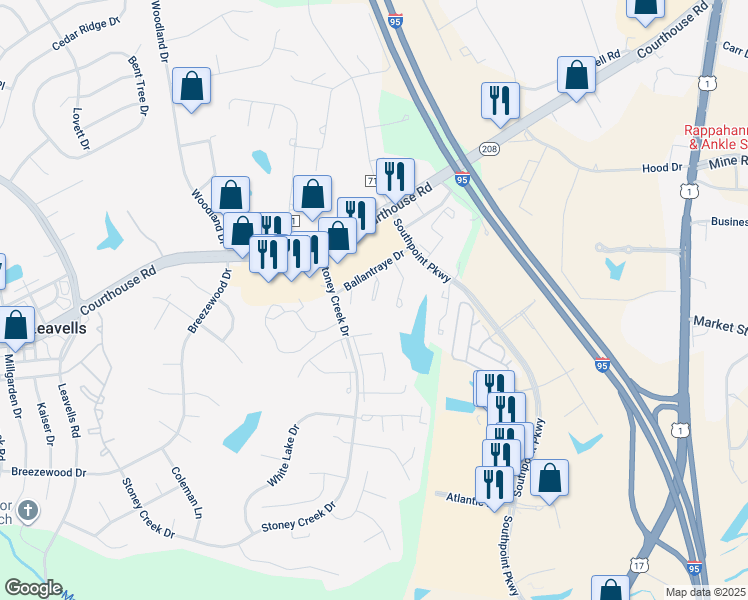 map of restaurants, bars, coffee shops, grocery stores, and more near 10611 Gideon Court in Fredericksburg