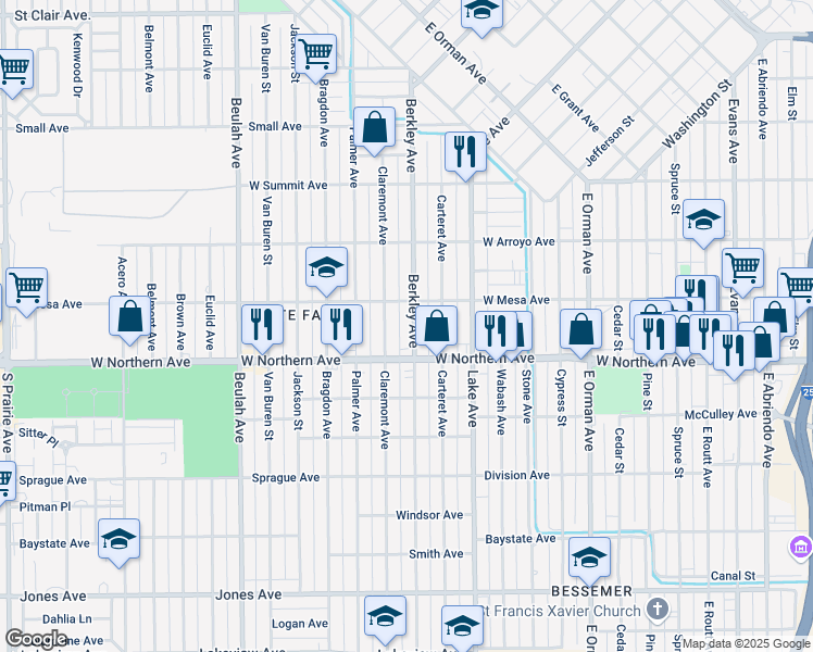 map of restaurants, bars, coffee shops, grocery stores, and more near 1209 Berkley Avenue in Pueblo