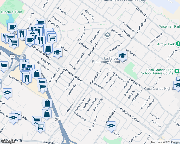 map of restaurants, bars, coffee shops, grocery stores, and more near 708 Park Lane in Petaluma