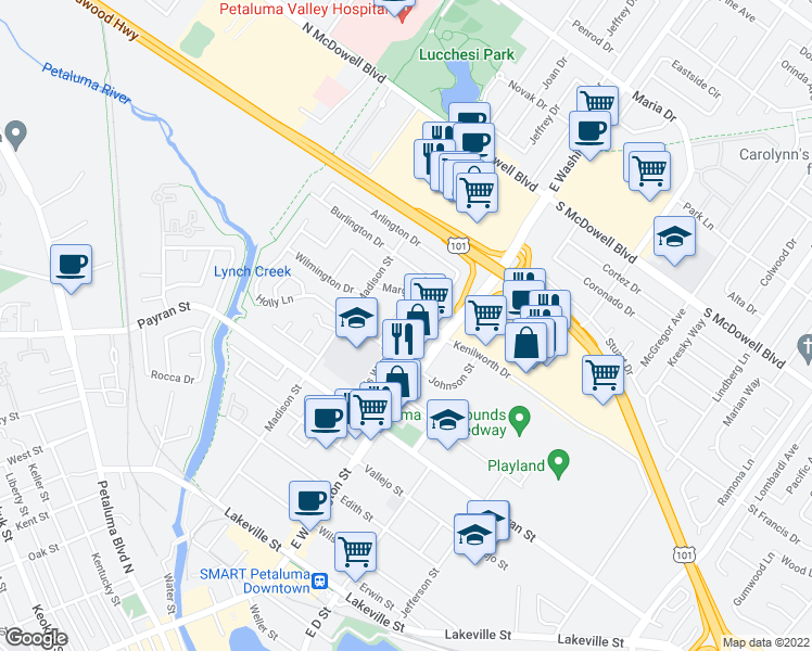 map of restaurants, bars, coffee shops, grocery stores, and more near 921 Martin Circle in Petaluma