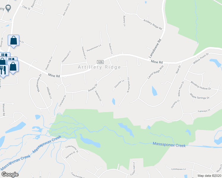 map of restaurants, bars, coffee shops, grocery stores, and more near 4117 Glouster Lane in Fredericksburg