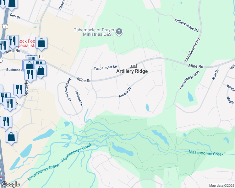 map of restaurants, bars, coffee shops, grocery stores, and more near 4301 Amelia Drive in Fredericksburg