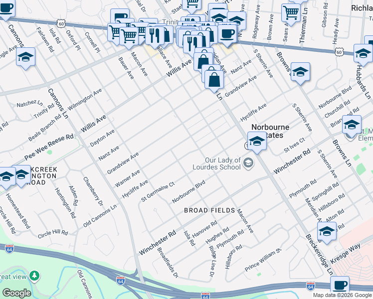 map of restaurants, bars, coffee shops, grocery stores, and more near 3617 Hycliffe Avenue in Louisville