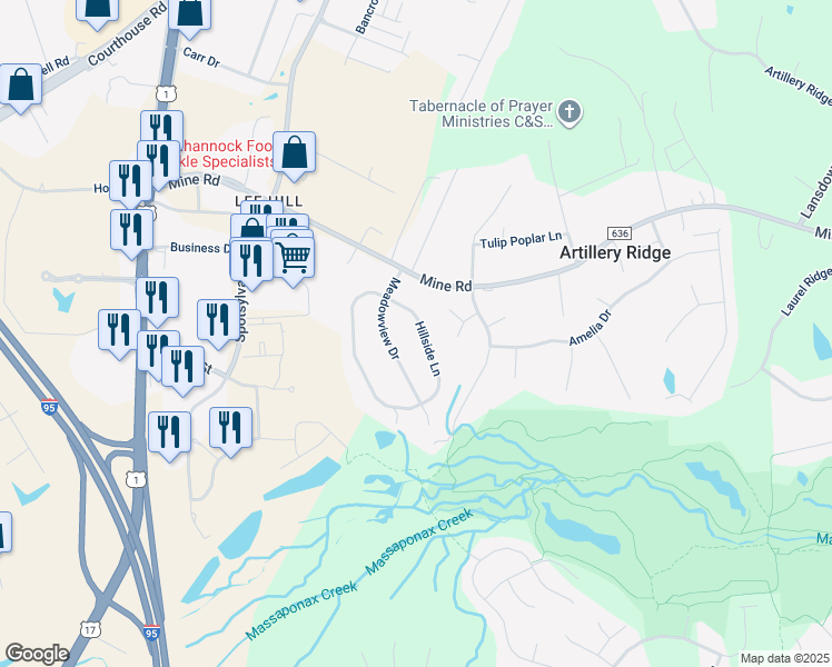 map of restaurants, bars, coffee shops, grocery stores, and more near 10111 Hillside Lane in Fredericksburg