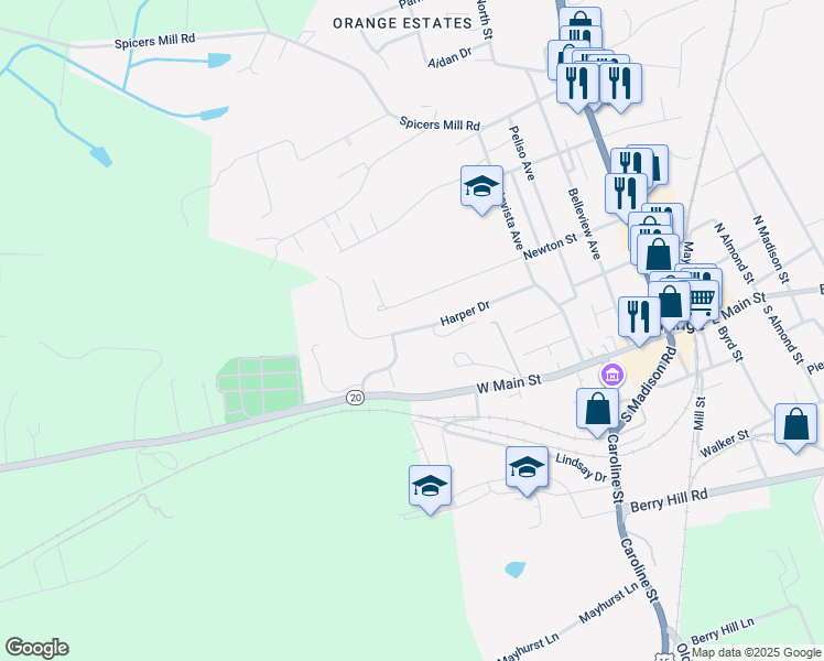 map of restaurants, bars, coffee shops, grocery stores, and more near 375 Harper Drive in Orange