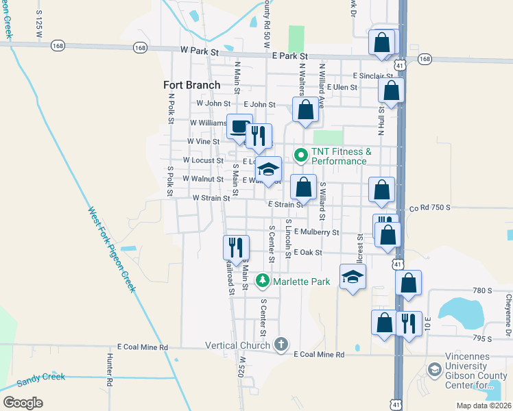 map of restaurants, bars, coffee shops, grocery stores, and more near 300 South Main Street in Fort Branch