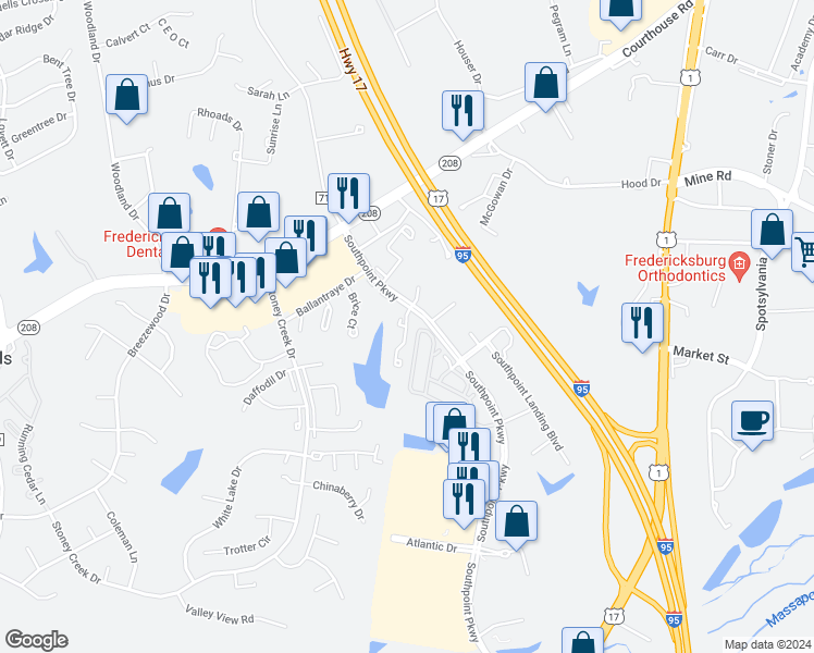 map of restaurants, bars, coffee shops, grocery stores, and more near 10717 Wakeman Drive in Fredericksburg