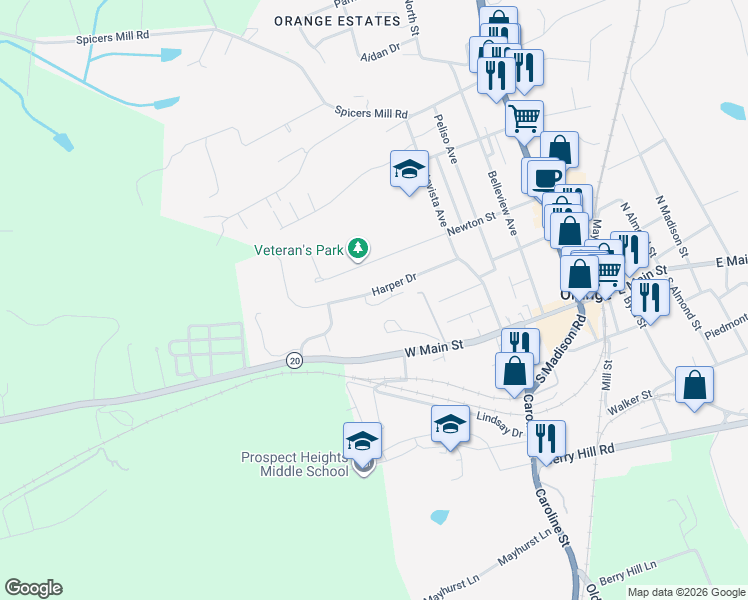 map of restaurants, bars, coffee shops, grocery stores, and more near 338 Harper Drive in Orange