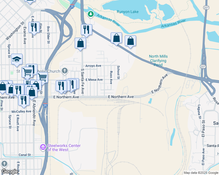 map of restaurants, bars, coffee shops, grocery stores, and more near 1237 Russ Avenue in Pueblo