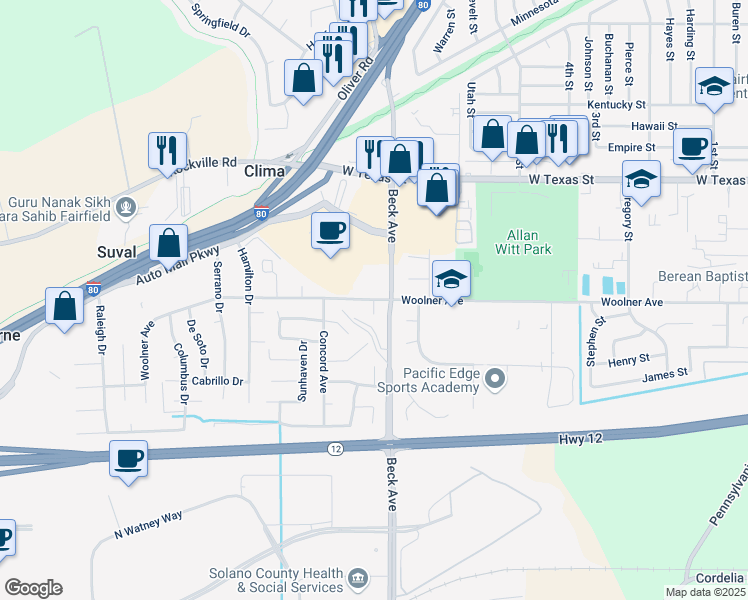 map of restaurants, bars, coffee shops, grocery stores, and more near Woolner Court in Fairfield