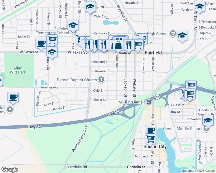 map of restaurants, bars, coffee shops, grocery stores, and more near 325 Taylor Street in Fairfield