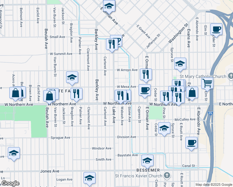 map of restaurants, bars, coffee shops, grocery stores, and more near 1208 Lake Avenue in Pueblo